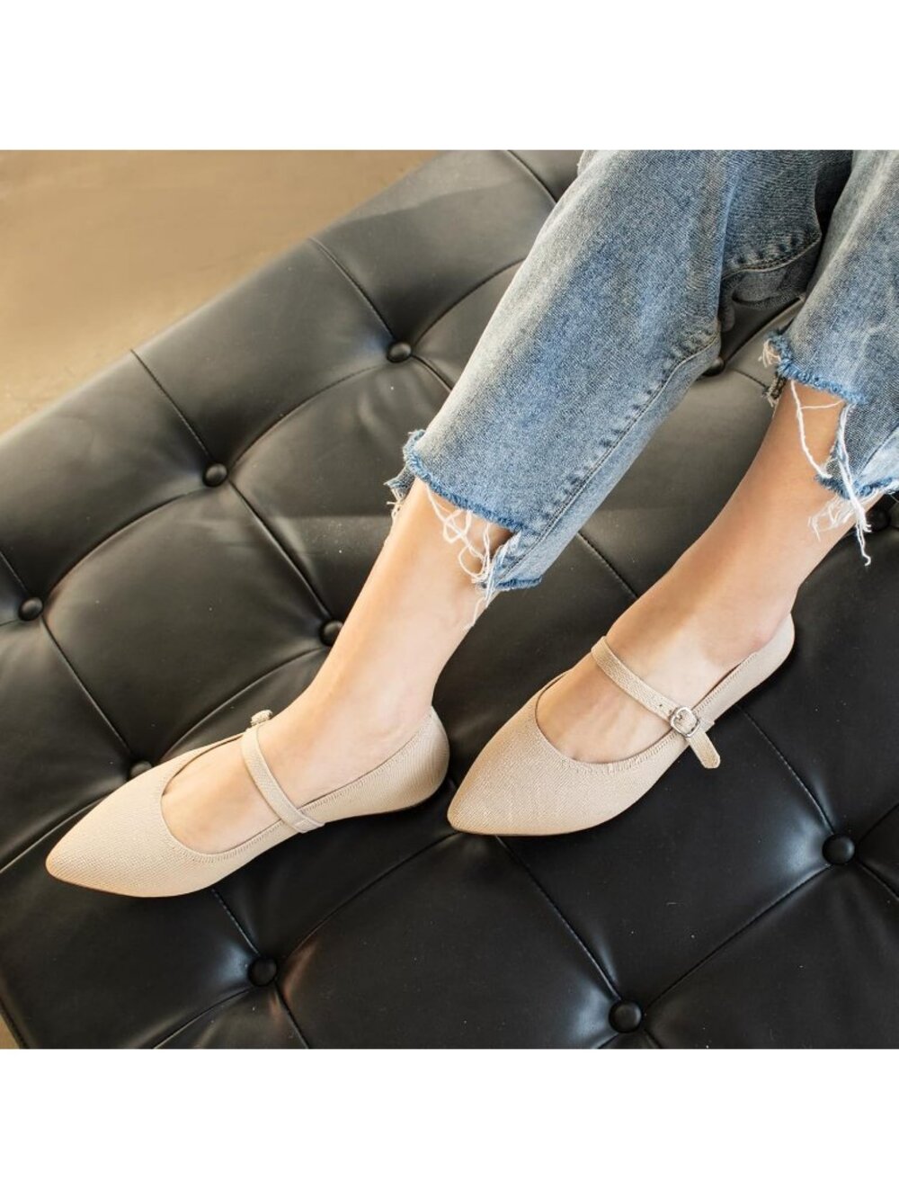 Women's Almond Knit Pointed Toe Ballet Flat Adjustable Strap Buckle Casual Shoes - Picture 6 of 6